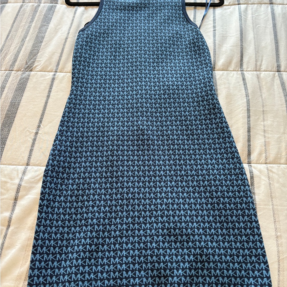 Michele Blue and White Halter Sheath Midi Dress